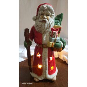 Vintage Ceramic Santa Claus Tea Light Holder With Star Cutouts & Festive Details